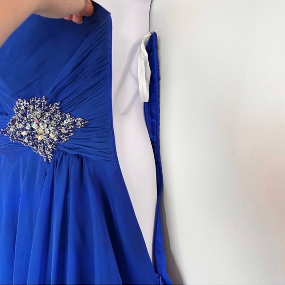 Mac Duggal One Shoulder Blue Formal Mini Dress Skater Beaded Sequins Size 14 - Picture 10 of 10